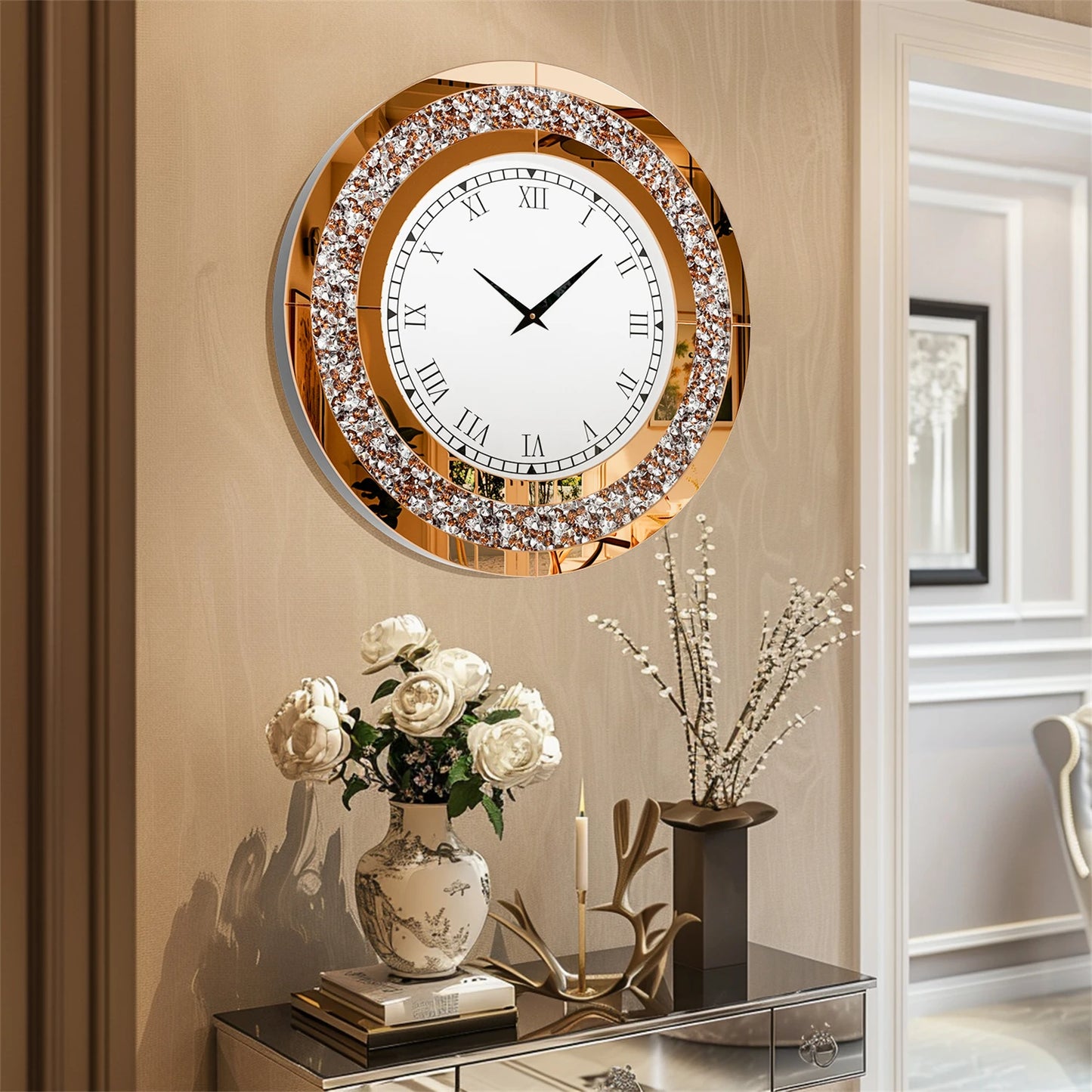 Silver Round Mirror Wall Clock Glam Sparkle Accent Decor