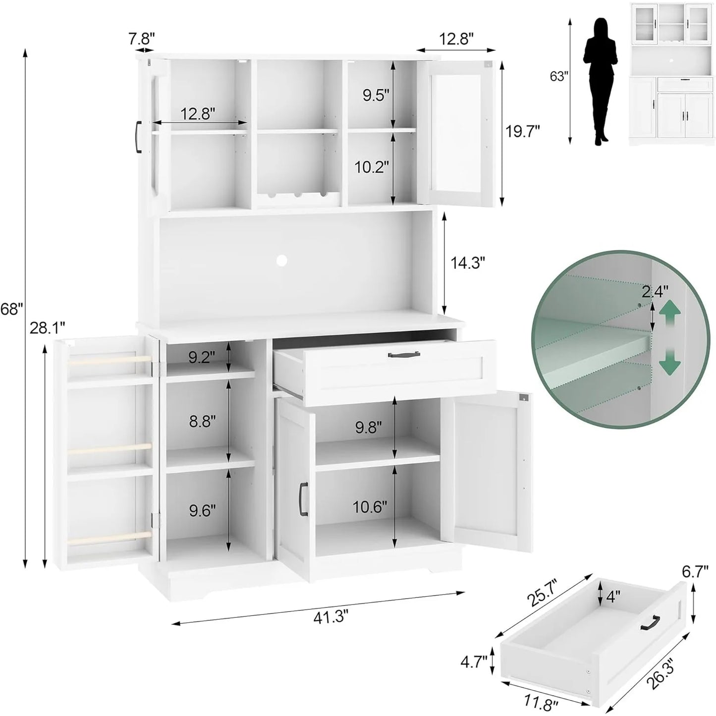 Pantry Storage Cabinet, standing Buffet Cabinet  Microwave Stand & 4 Door She,  Hutch