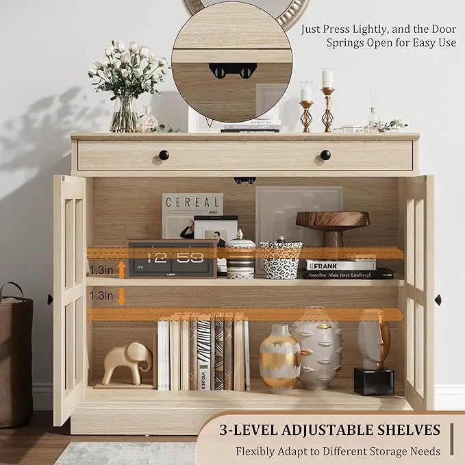 HiMISS Oak Sideboard Buffet Cabinet With Glass Door And Drawer