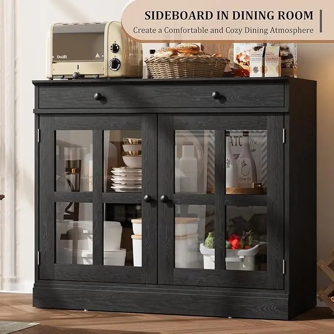HiMISS Oak Sideboard Buffet Cabinet With Glass Door And Drawer