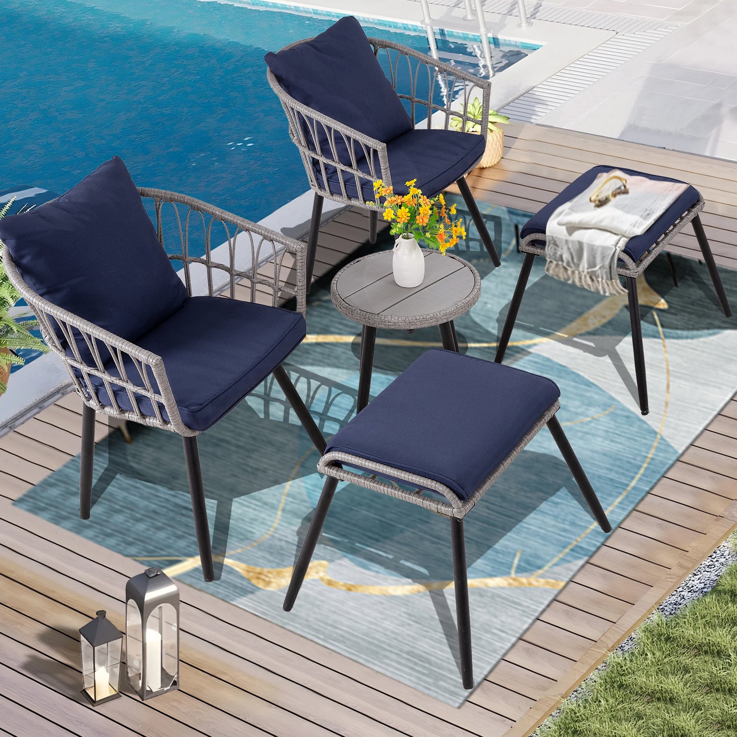 PORWEY 5 Piece Patio Bistro Set Outdoor Wicker Chairs All Weather PE Rattan With Ottoman And Coffee Table