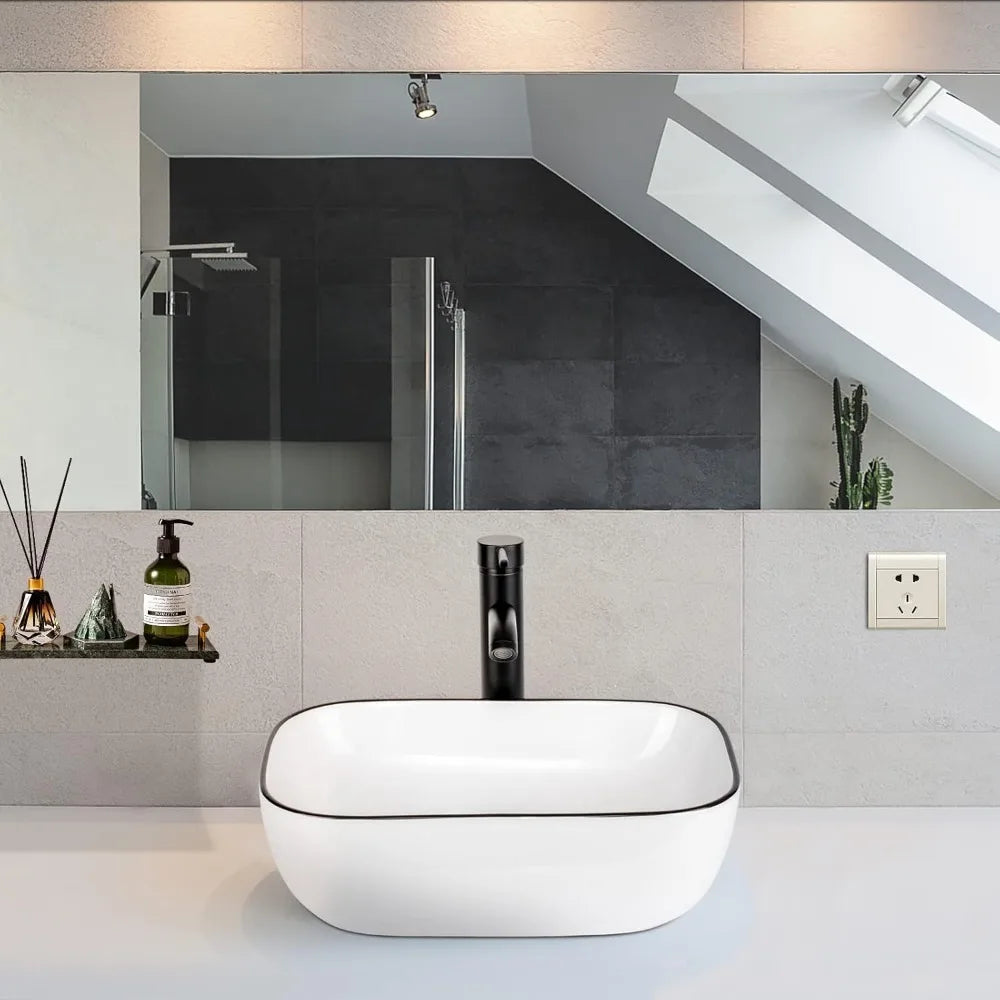 Bathroom Vessel Sink 18'' x 12.6'' Ceramic Porcelain Bathroom Sink Above Counter Basin Washing Bowl with Faucet Pop up Drain Com