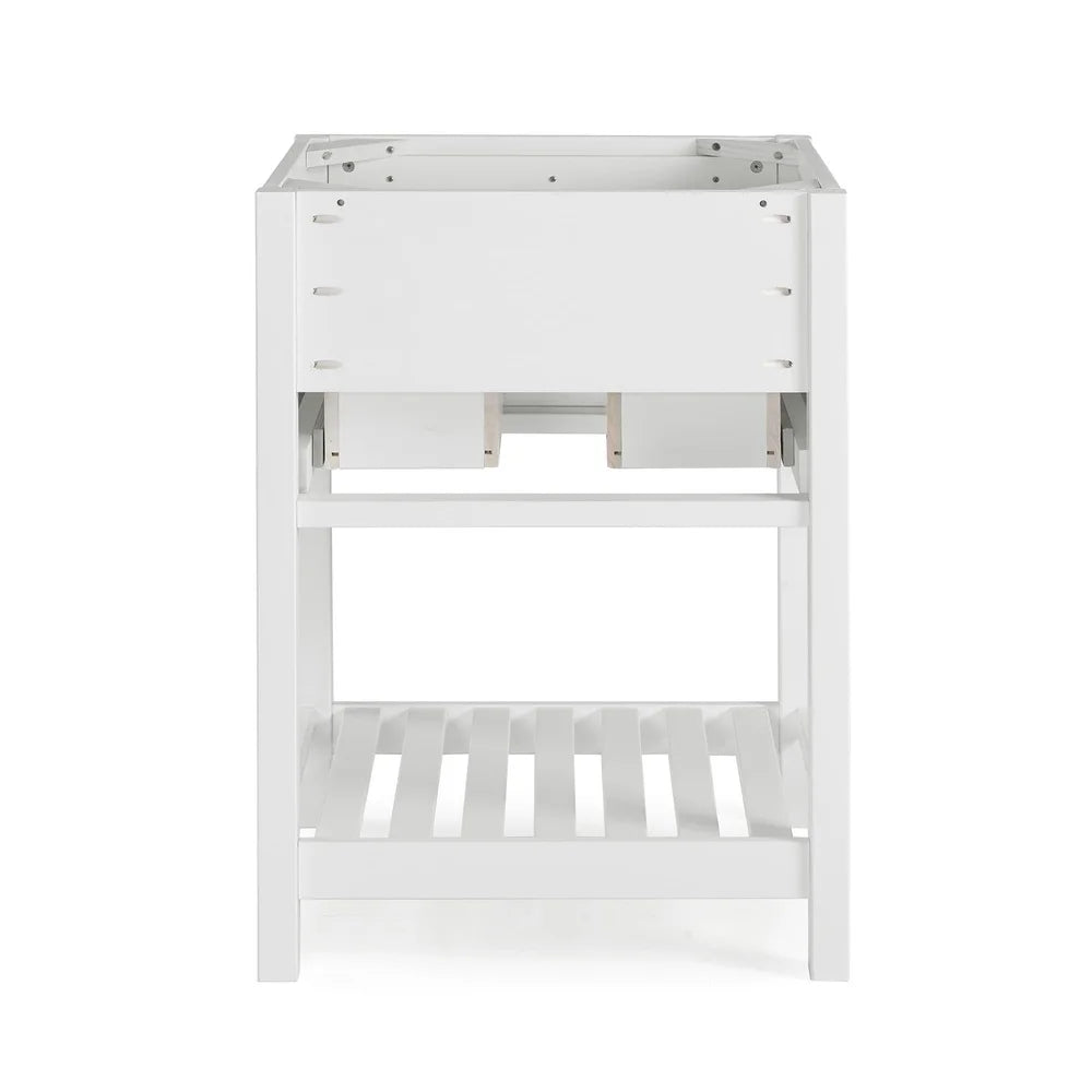 Timeless 24 Inch Vanity Cabinet Solid Pine Soft Close Drawers Nickel Hardware Space Saving Design Open Shelf Bathroom Upgrade