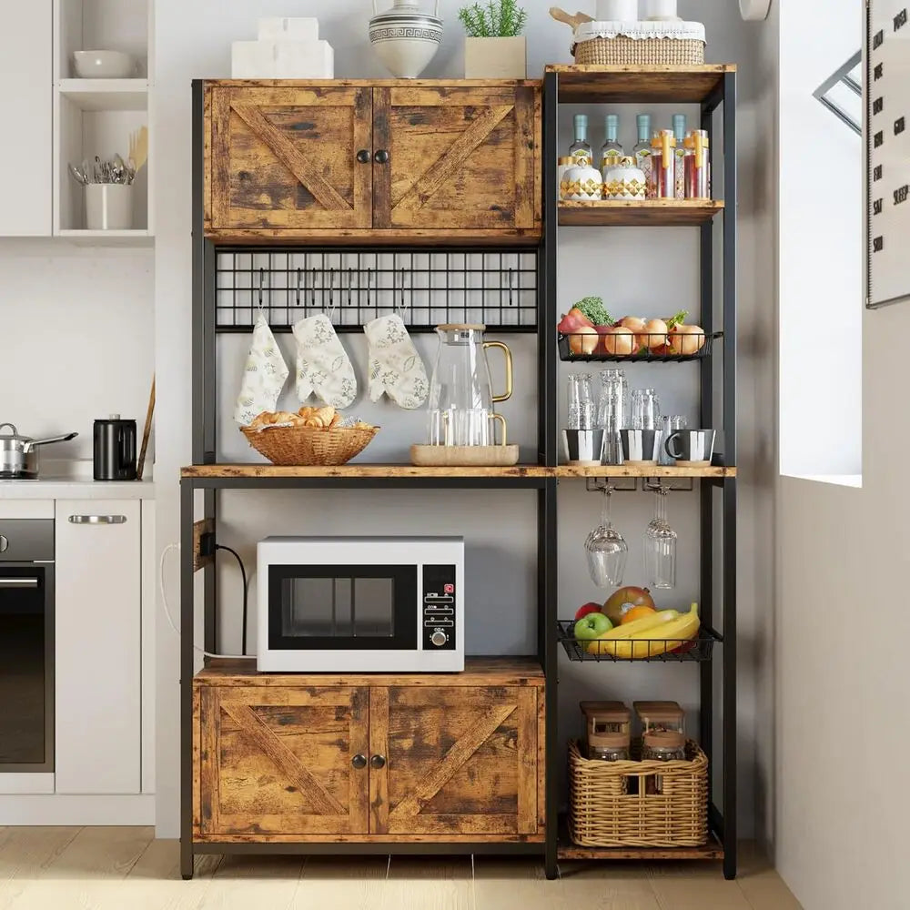 IRONCK Bakers Rack With Two Storage Cabinets And Power Outlet