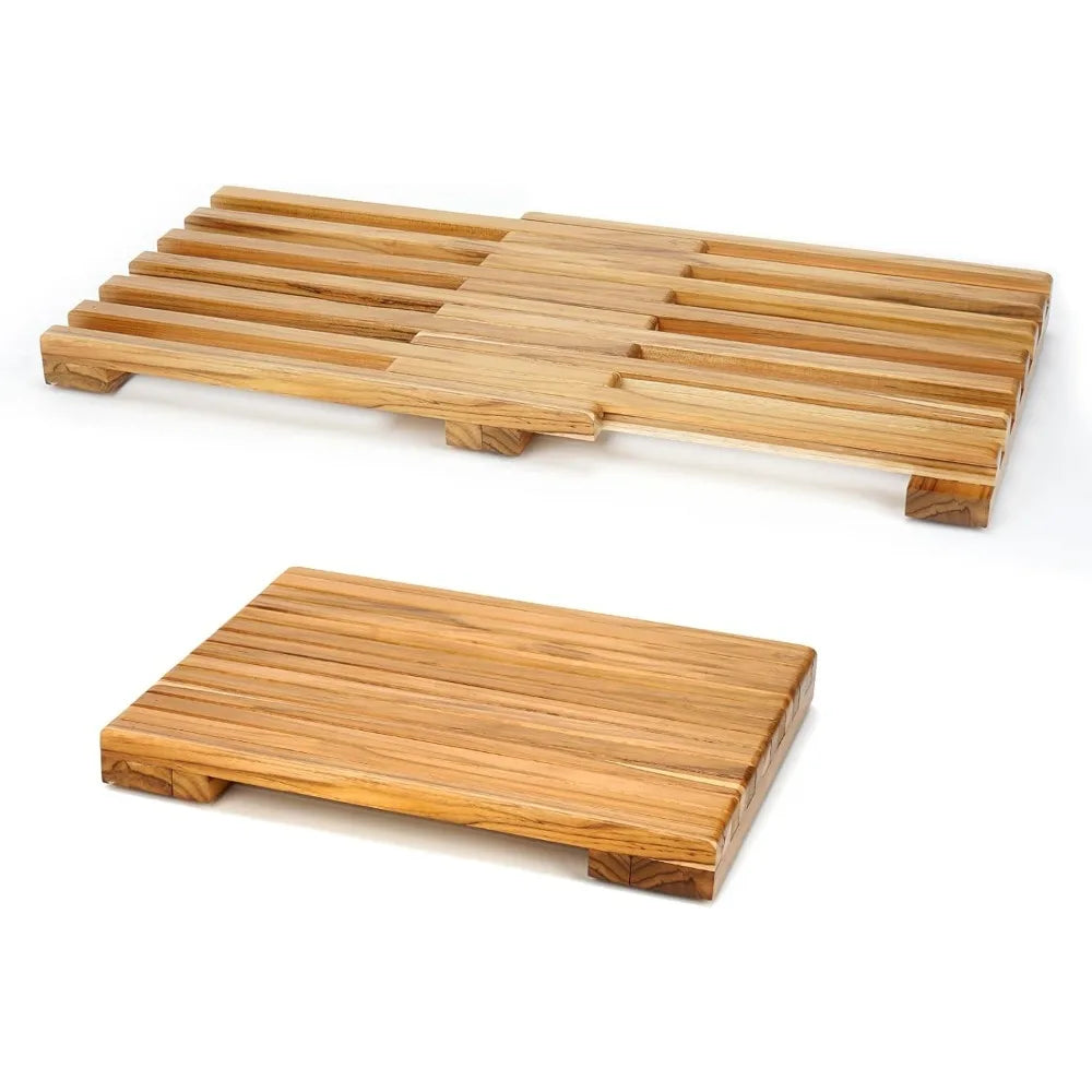 Teak Shower Mat - Adjustable Length Wooden Bathroom Mats for Inside Shower with Non-Slip Rubber Outdoor Floor Mat for Spa, Sauna