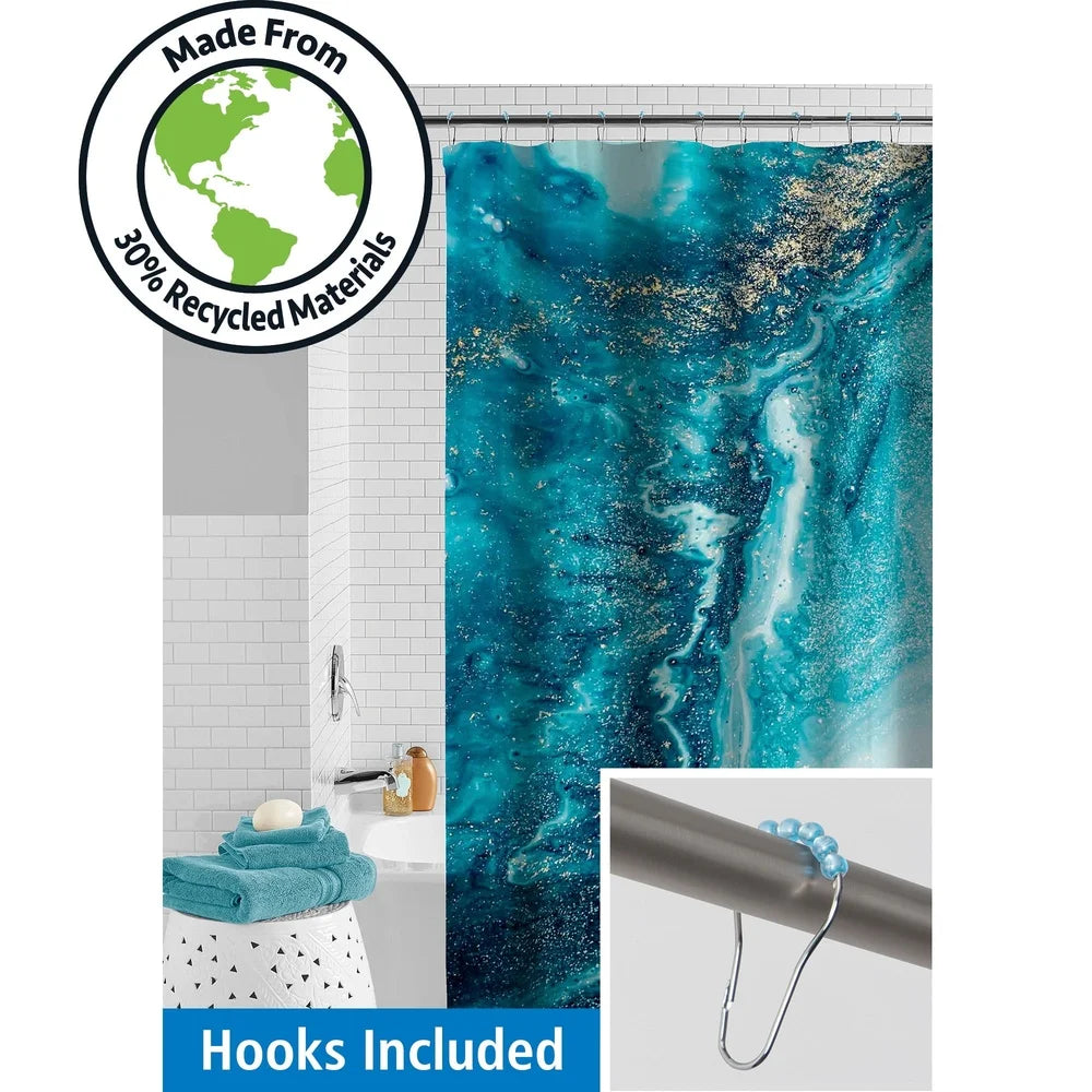 Waterproof Watercolor Marble Shower Curtain Set with 12 Hooks Eco-Friendly 30% Recycled PEVA 13-Piece Bathroom Accessory