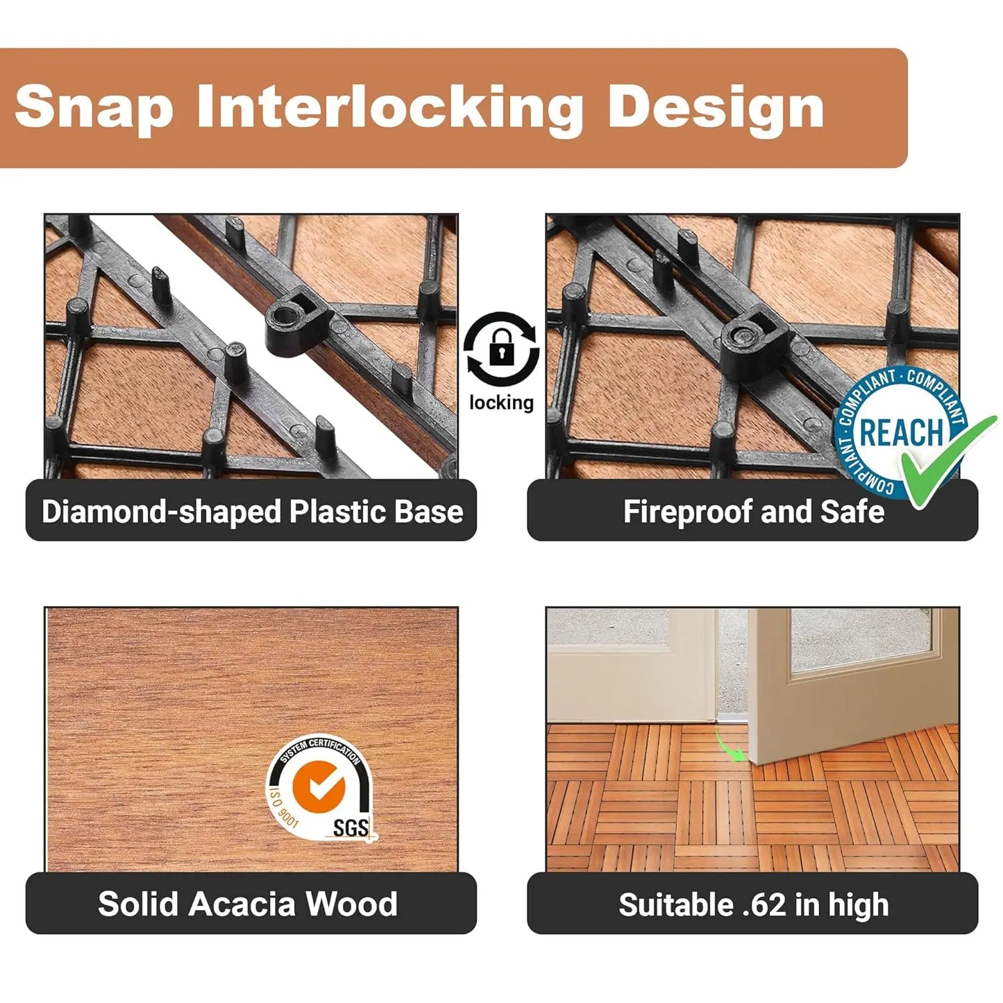 54 PCS Solid Acacia Wood Interlocking Patio Deck Tiles - 12" x 12" Indoor Outdoor Waterproof Flooring Tiles for Balcony,Backyard