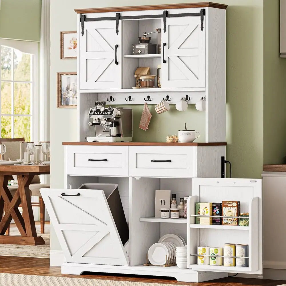 Kitchen Pantry Storage Cabinet With Microwave Stand And Trash Can