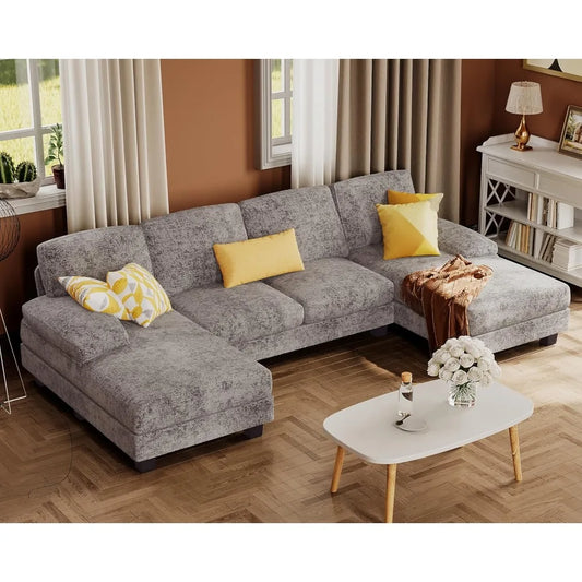 Linen U-Shaped Sectional Sofa Set With Double Chaise For Living Room