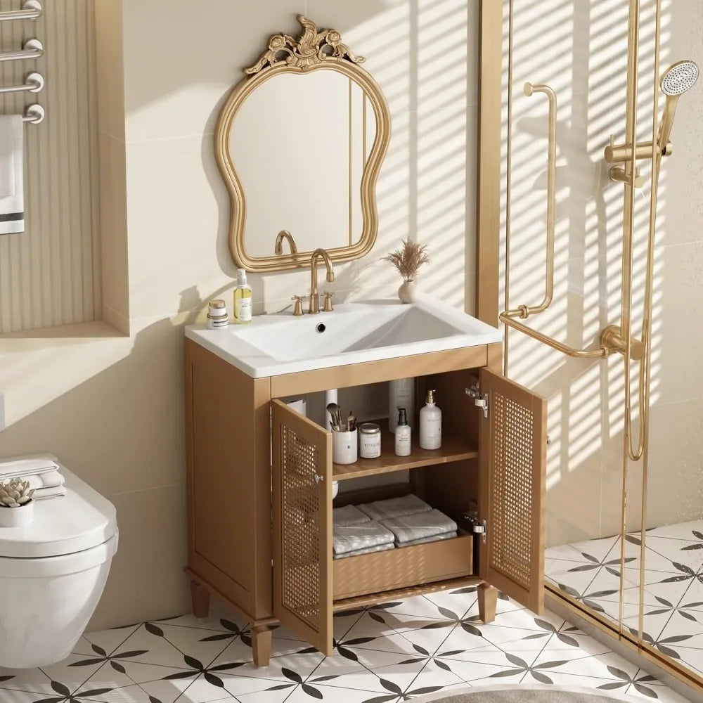 Boho Bathroom Vanity With Sink Rattan Front Panels Drawer