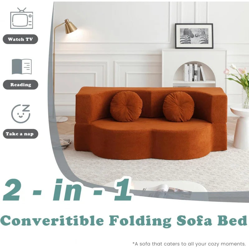 (UUX)76" Convertible Futon Bed, Boneless Sleeper Sofa Couch with 2/Pillows Teddy Fabric, 2-in-1 Comfy Floor & Foldable L UQ