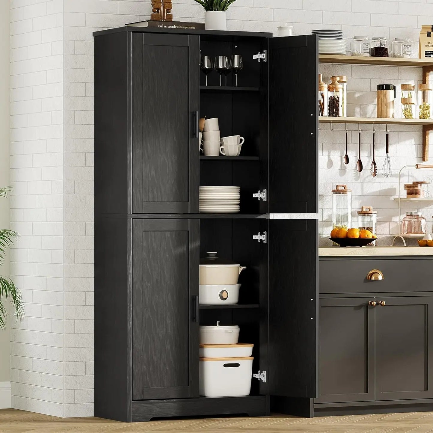 Studyset Freestanding Kitchen Pantry Cabinet With 4 Doors Adjustable Shelves