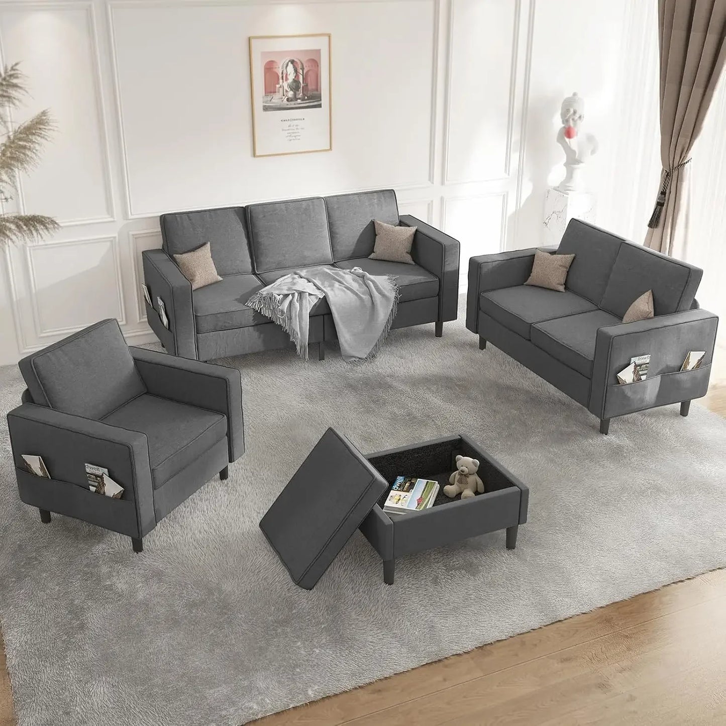 L Shaped Sectional Sofa Set With Ottoman Living Room