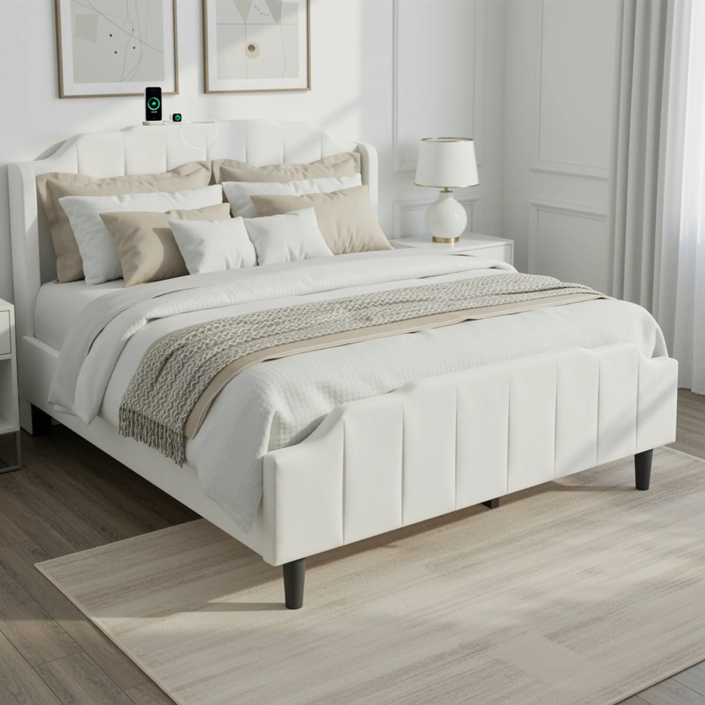 HOOMIC Velvet Platform Bed Frame With Tufted Wingback Headboard ChargingStation