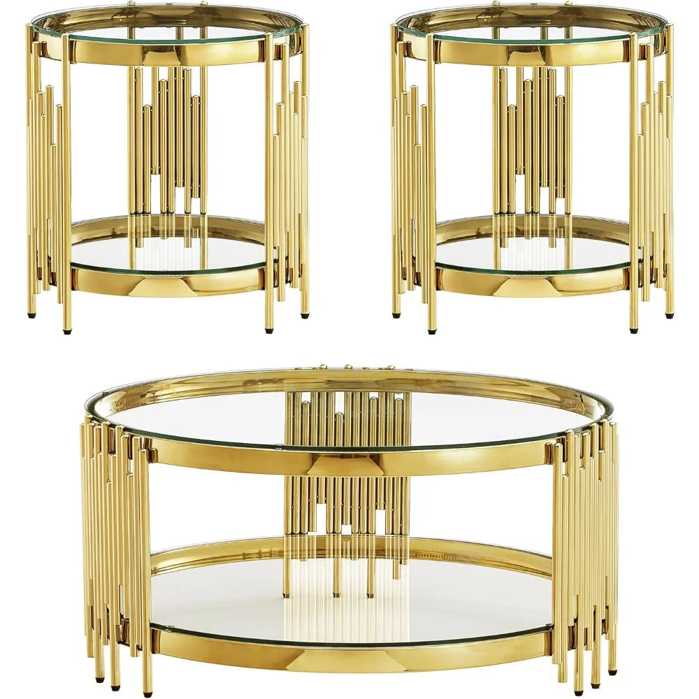 MKDK 3 Piece Glass and Stainless Steel Coffee Table Set With End Tables