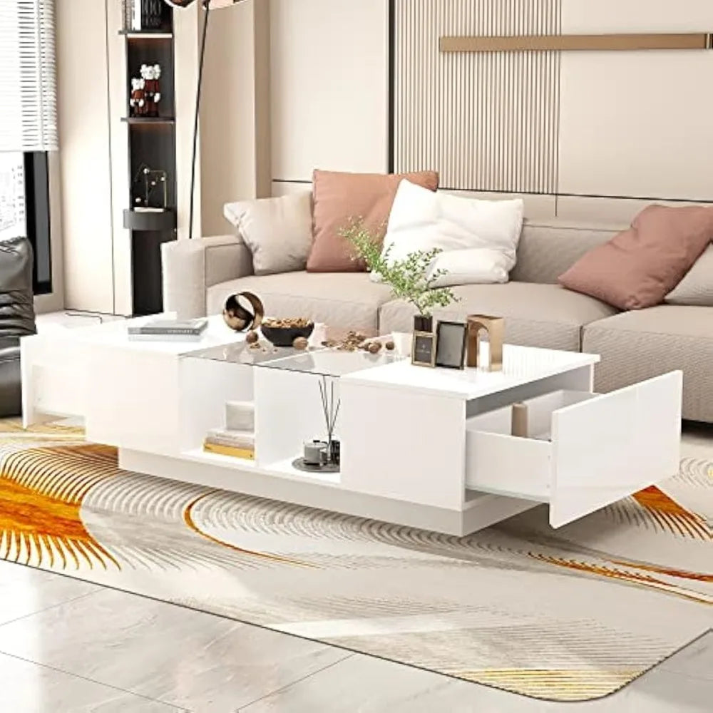 DAFIFY Modern LED Coffee Table With Drawers Glass Top