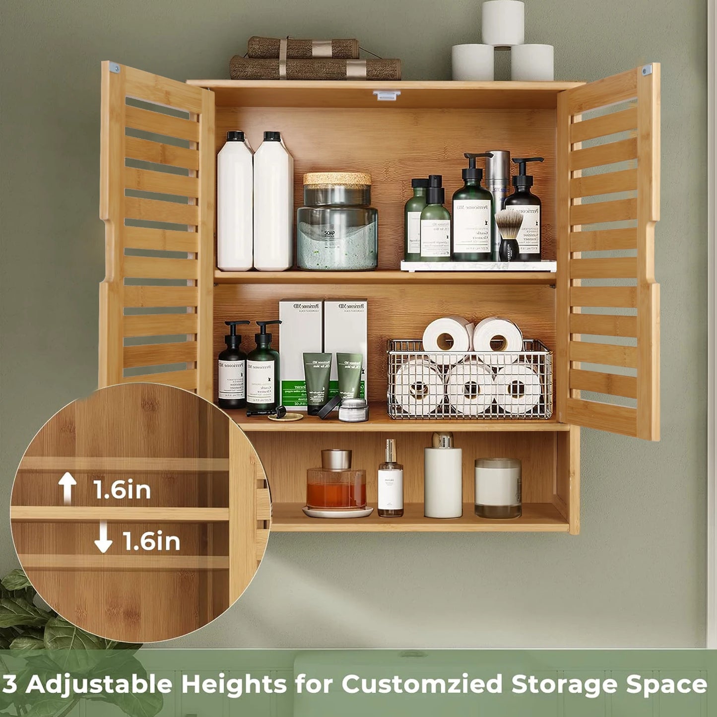 Wisfor Wall Mounted Bamboo Bathroom Cabinet Storage Shelf