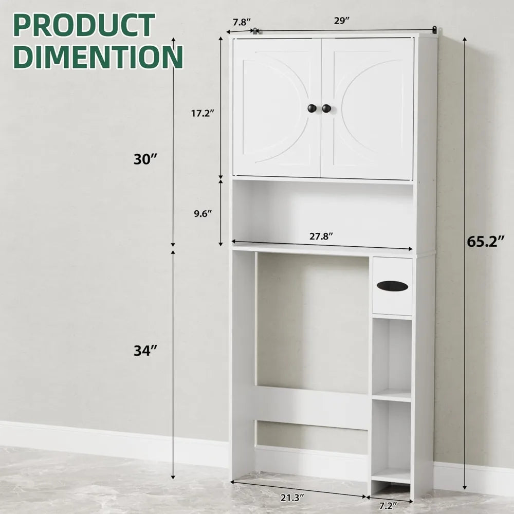 65" Tall Over Toilet Storage Cabinet with 2 Doors & Adjustable Shelves, Freestanding Bathroom Organizer for Small Spaces