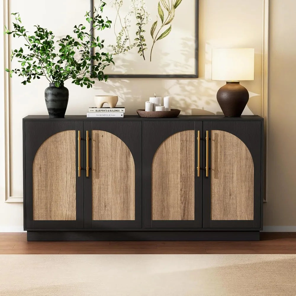 62" Antique Buffet Cabinet with Hutch, Vintage Sideboard Console for Dining Room & Kitchen, 2 Adjustable Shelves, Arched Doors