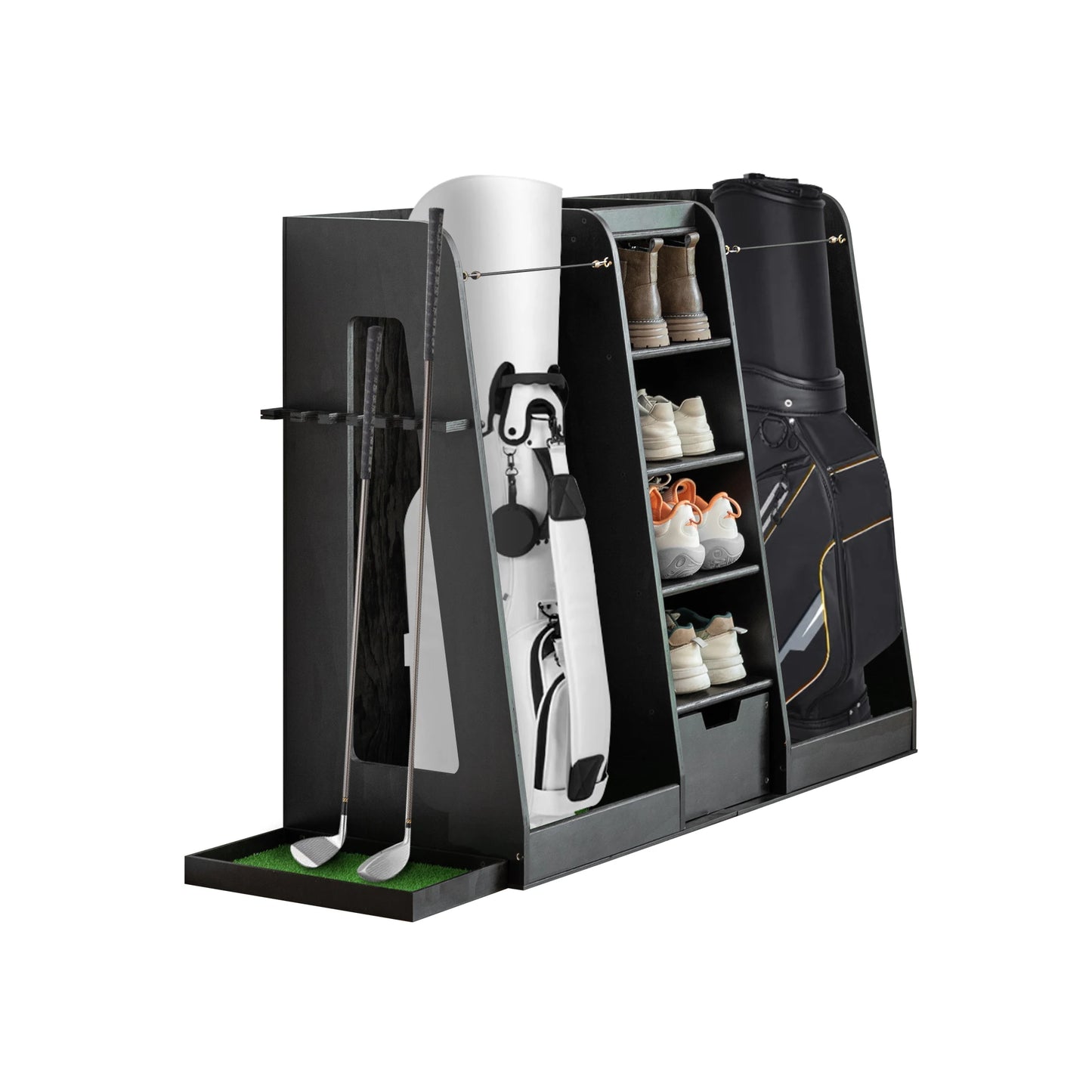 LZBEITEM 55.5''x16''x37''(LxWxH) Wooden Golf Bag Storage Rack, High Quality Wooden Golf Bag Rack with Drawers, Black
