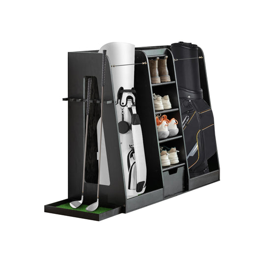 LZBEITEM 55.5''x16''x37''(LxWxH) Wooden Golf Bag Storage Rack, High Quality Wooden Golf Bag Rack with Drawers, Black