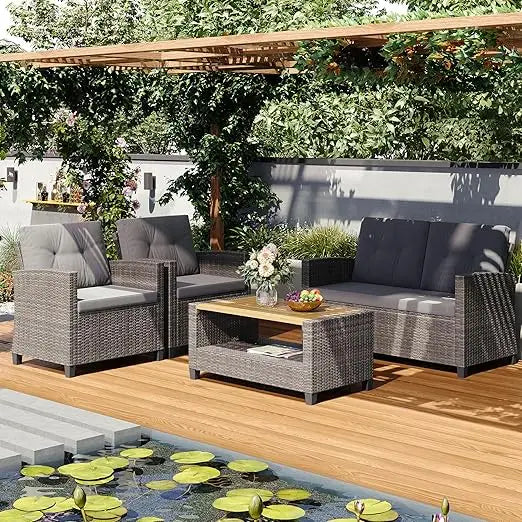 4 Piece Outdoor Patio Furniture Sets, Wicker Conversation Set for Porch Deck, Gray Rattan Sofa Chair with Cushion