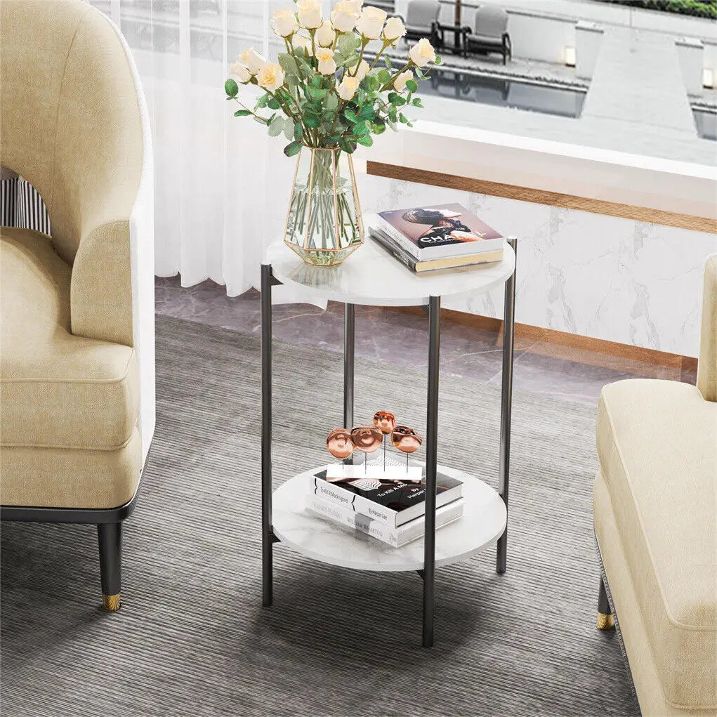 LUVODI 2 Tier Round Coffee End Tables With Storage Shelf