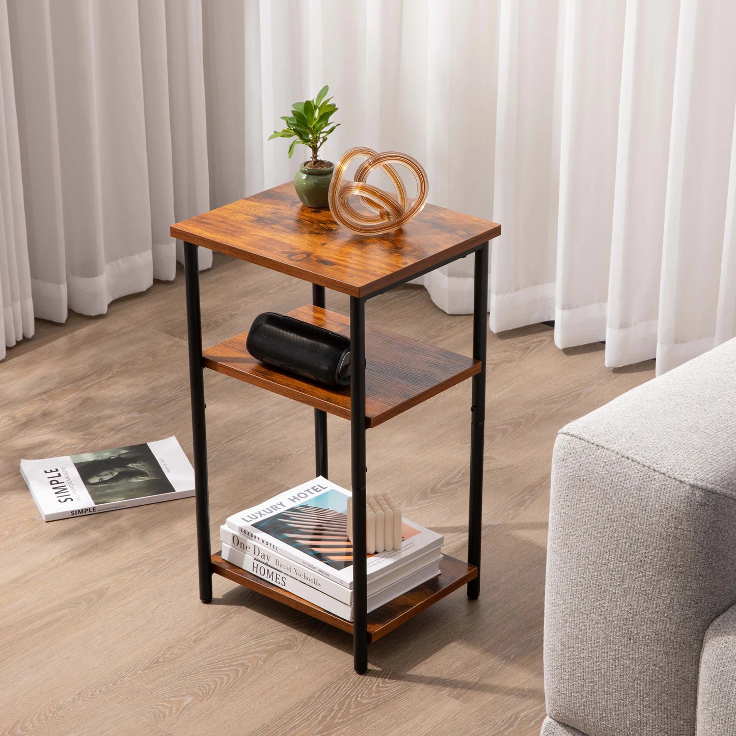 JHK 2 Tier End Table With Adjustable Feet Steel Frame
