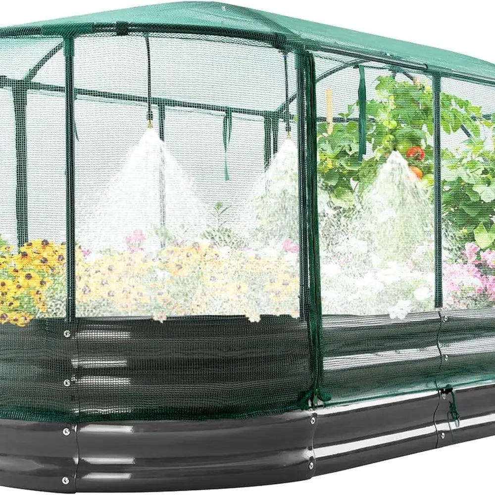 Oval Galvanized Metal Garden Bed With Auto Watering Mesh Cover For Vegetables