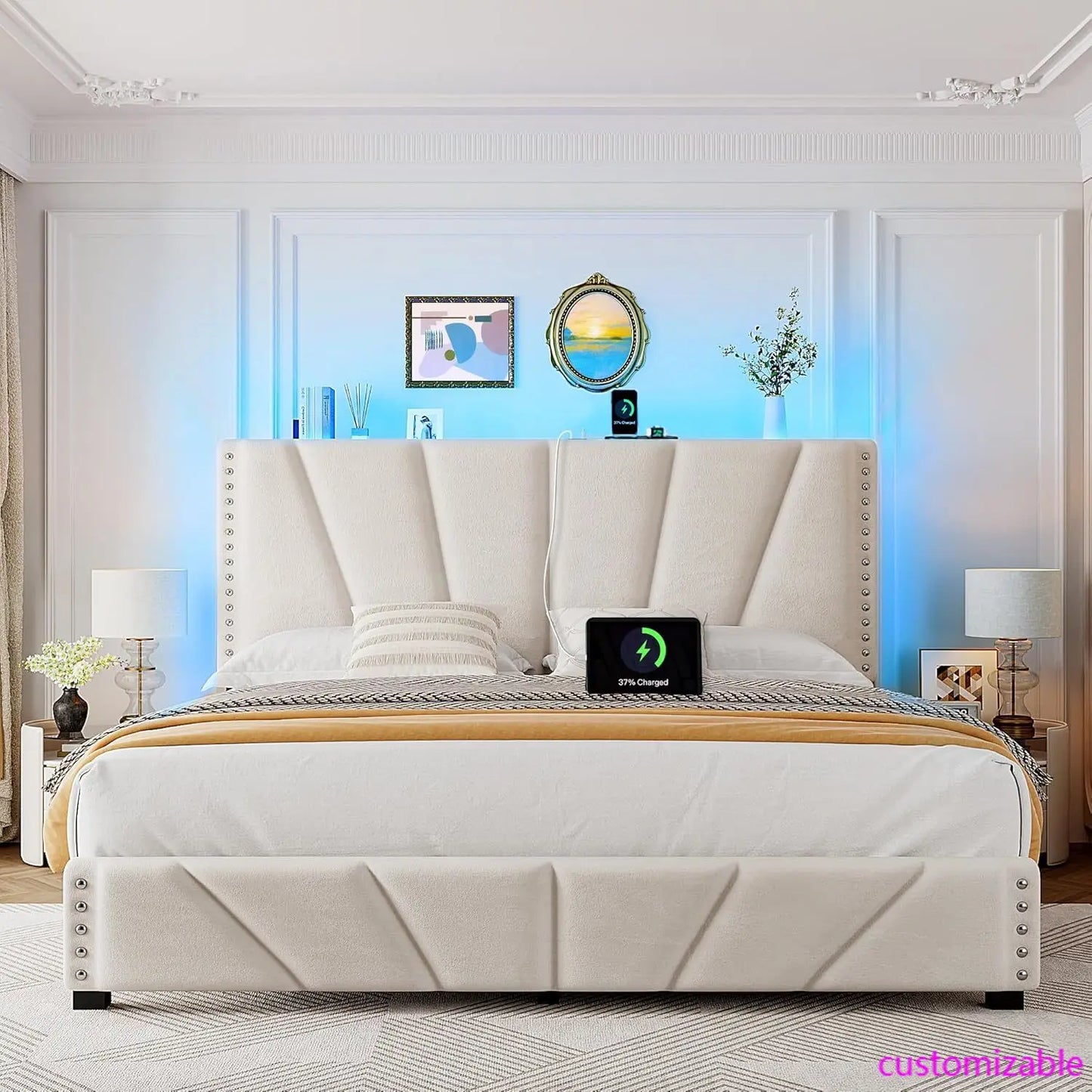 XMSJ Velvet Headboard Bed Frame With LED Lights And Charge