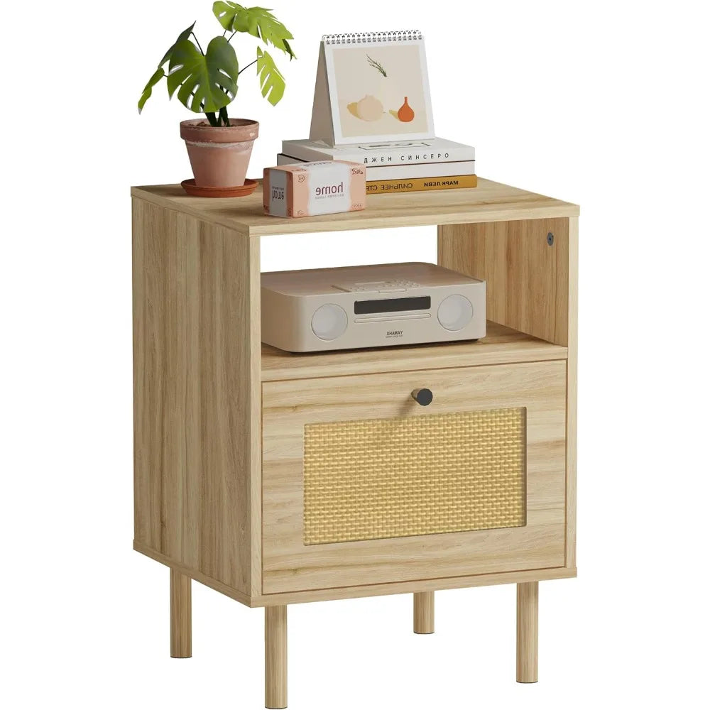 MKDK Rattan Nightstand With Storage Drawer Open Shelf