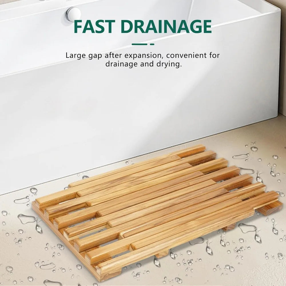 Teak Shower Mat - Adjustable Length Wooden Bathroom Mats for Inside Shower with Non-Slip Rubber Outdoor Floor Mat for Spa, Sauna