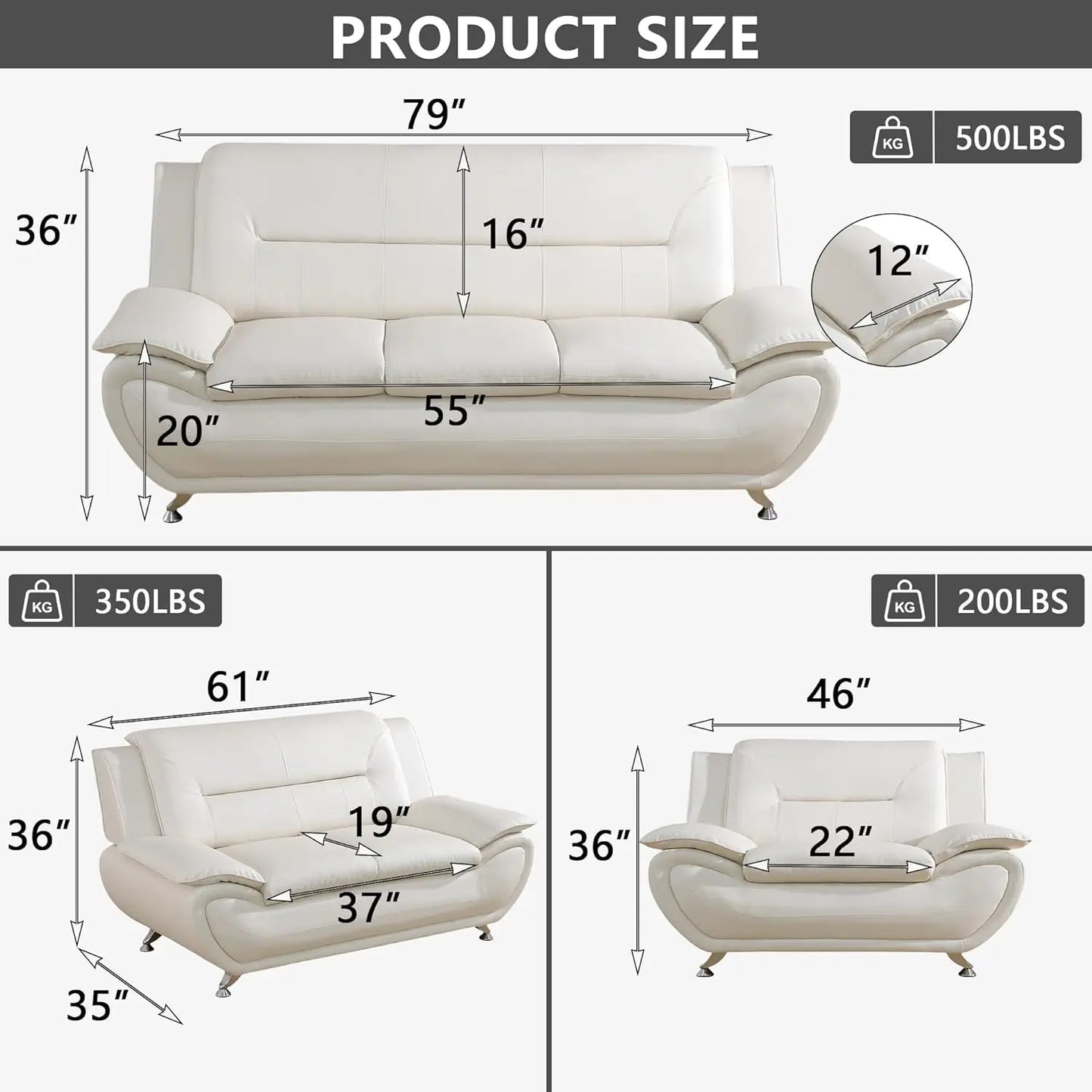 Leather Living Room Sofa Set With Metal Leg Supports