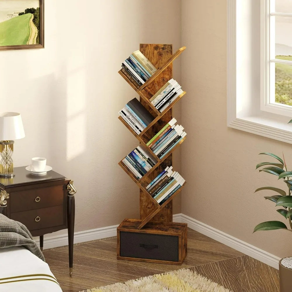 7 Tier Tree Bookshelf With Drawer Storage Rack Living Room
