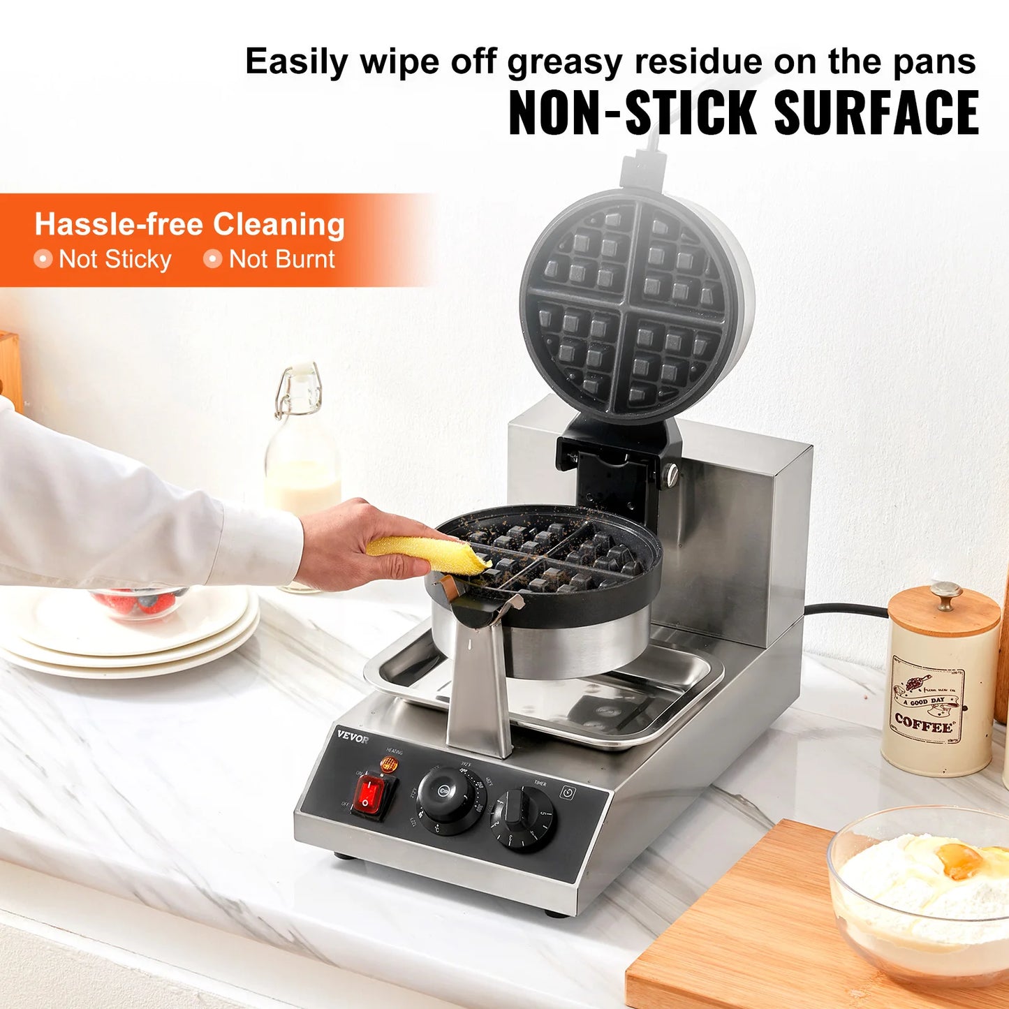 VEVOR Electric Waffle Maker Nonstick Round Stainless Steel