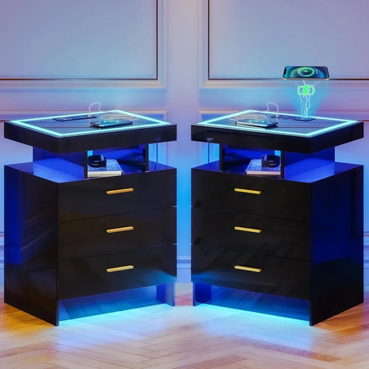 Two Nightstands With Wireless Charging Station And Auto Sensor LED