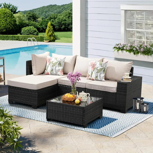 Set 5 Pieces All Weather Patio Conversation Sets Wicker PE Rattan Outdoor Sectional Couch Sofa Set with Cushion Ottoman