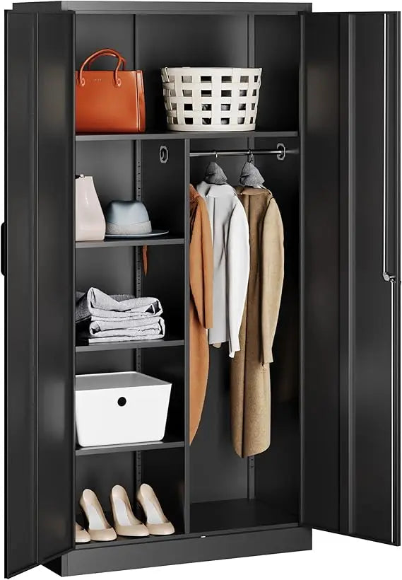 Metal Wardrobe Cabinet with Lock, 72 Armoire Closet with Hanging Rod, Lockable Storage Locker, Black Storage Cabinet with Lockin