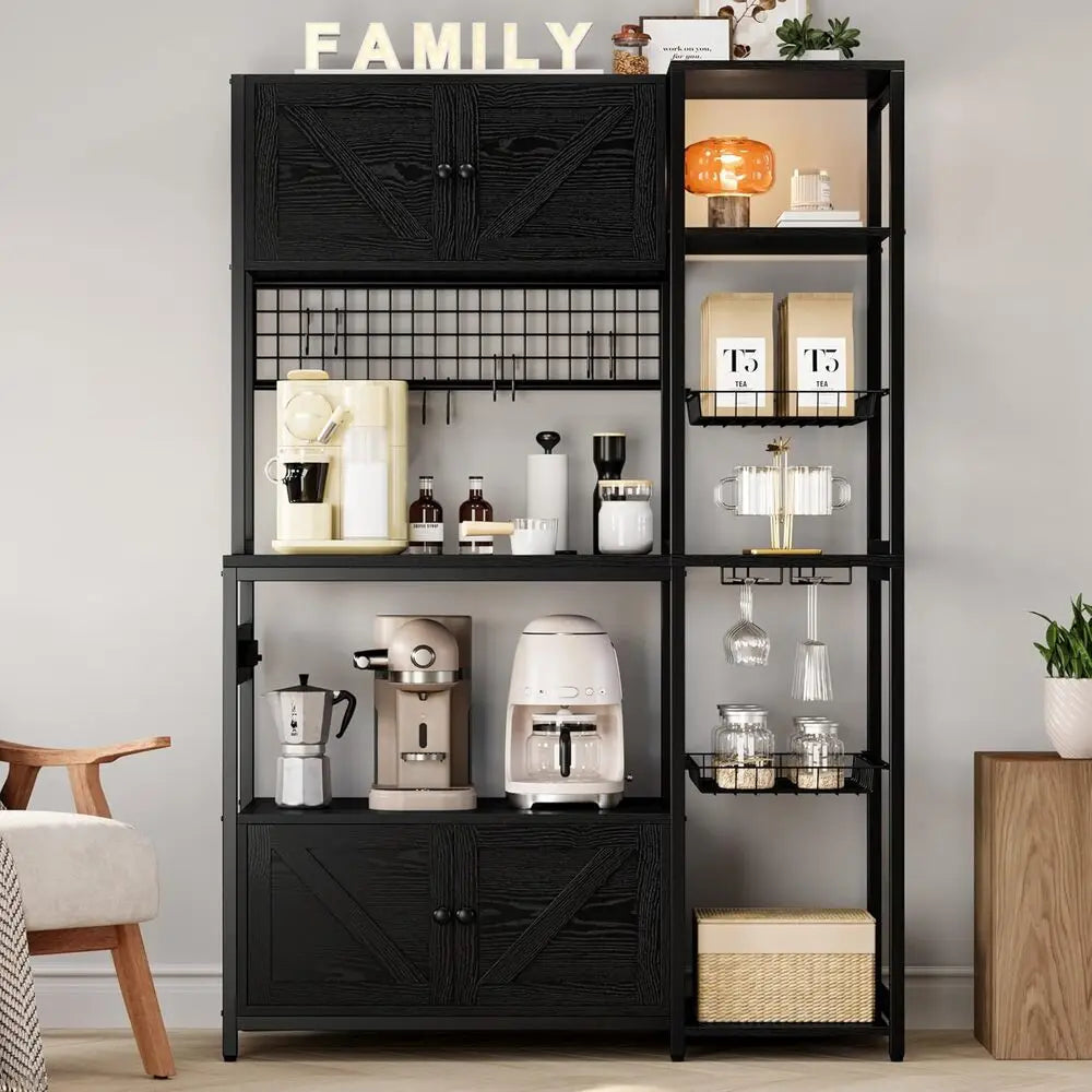 IRONCK Bakers Rack With Two Storage Cabinets And Power Outlet