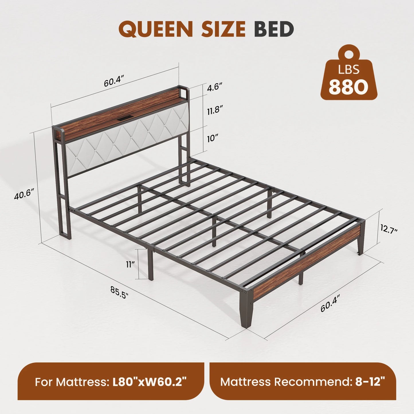 JHK Heavy Duty Metal Bed Frame With Headboard Charging Station