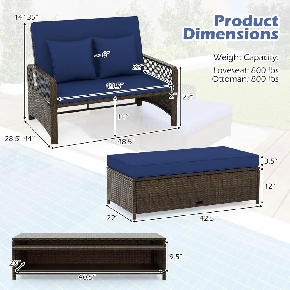 Patio Adjustable Wicker Daybed, Rattan Loveseat & Storage Ottoman w/ 4-Level Backrest & Soft Cushions, Space-Saving 2-Person Su