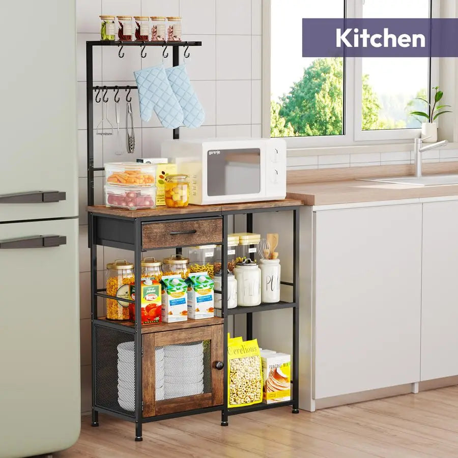 Coffee Bar With Hanging Rack Farmhouse Kitchen Buffet Cabinet Drawers