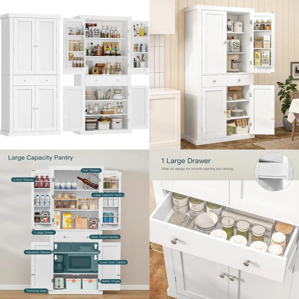 Four-Door Tall Kitchen Pantry Cabinet with Drawer and Adjustable Hanging Shelves