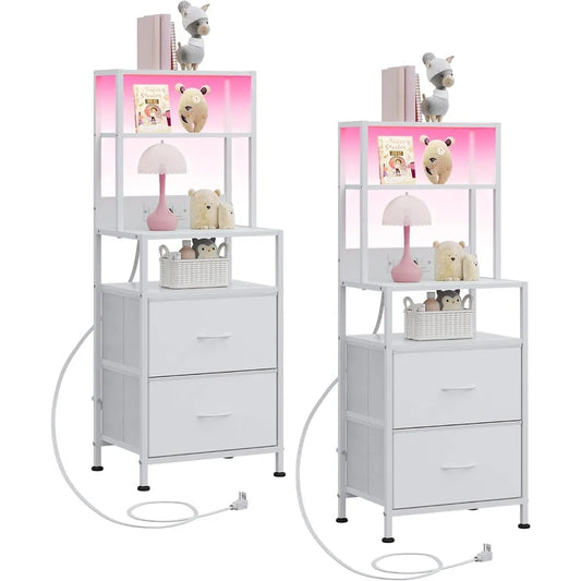Nightstand Set of 2 With Charging Station And LED Lighting