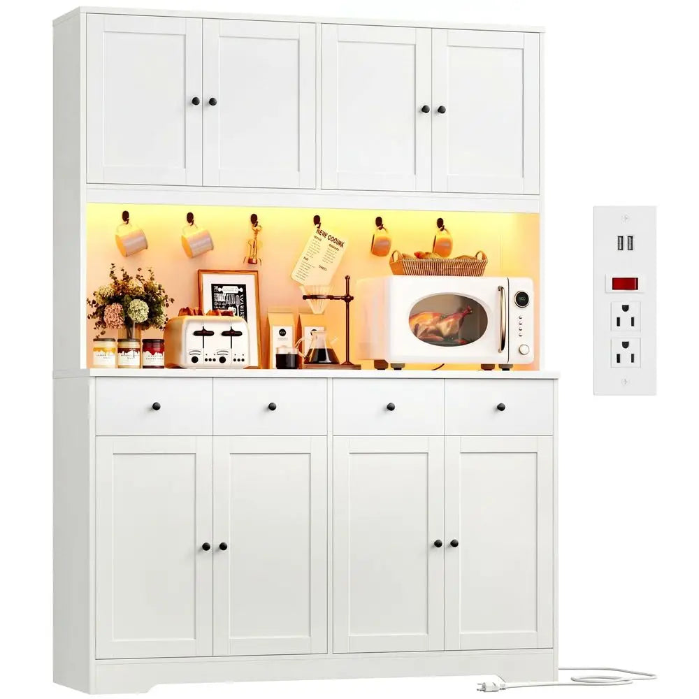 LED Kitchen Pantry Cabinet With Power Outlet And Cup Hooks
