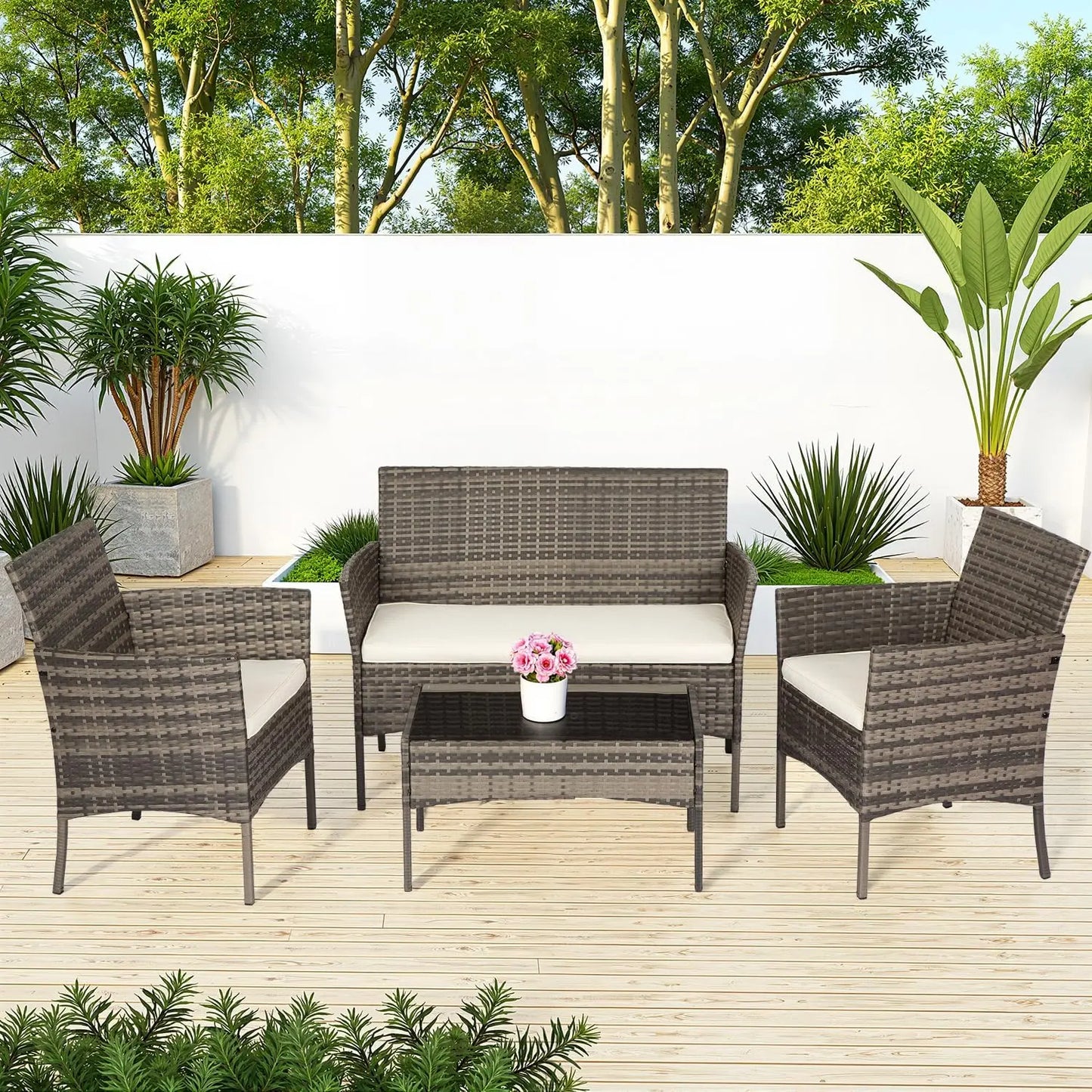 Outdoor Patio Furniture Set With Loveseats And Rattan Coffee Table
