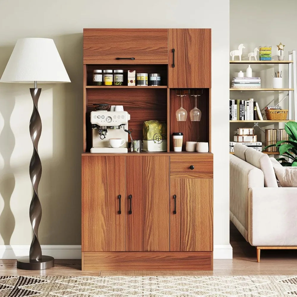 Kitchen Pantry Cabinet 66" with Charging Station, Tall Buffet Hutch Cabinet with Microwave Stand, Storage Drawers, Adjustable Sh