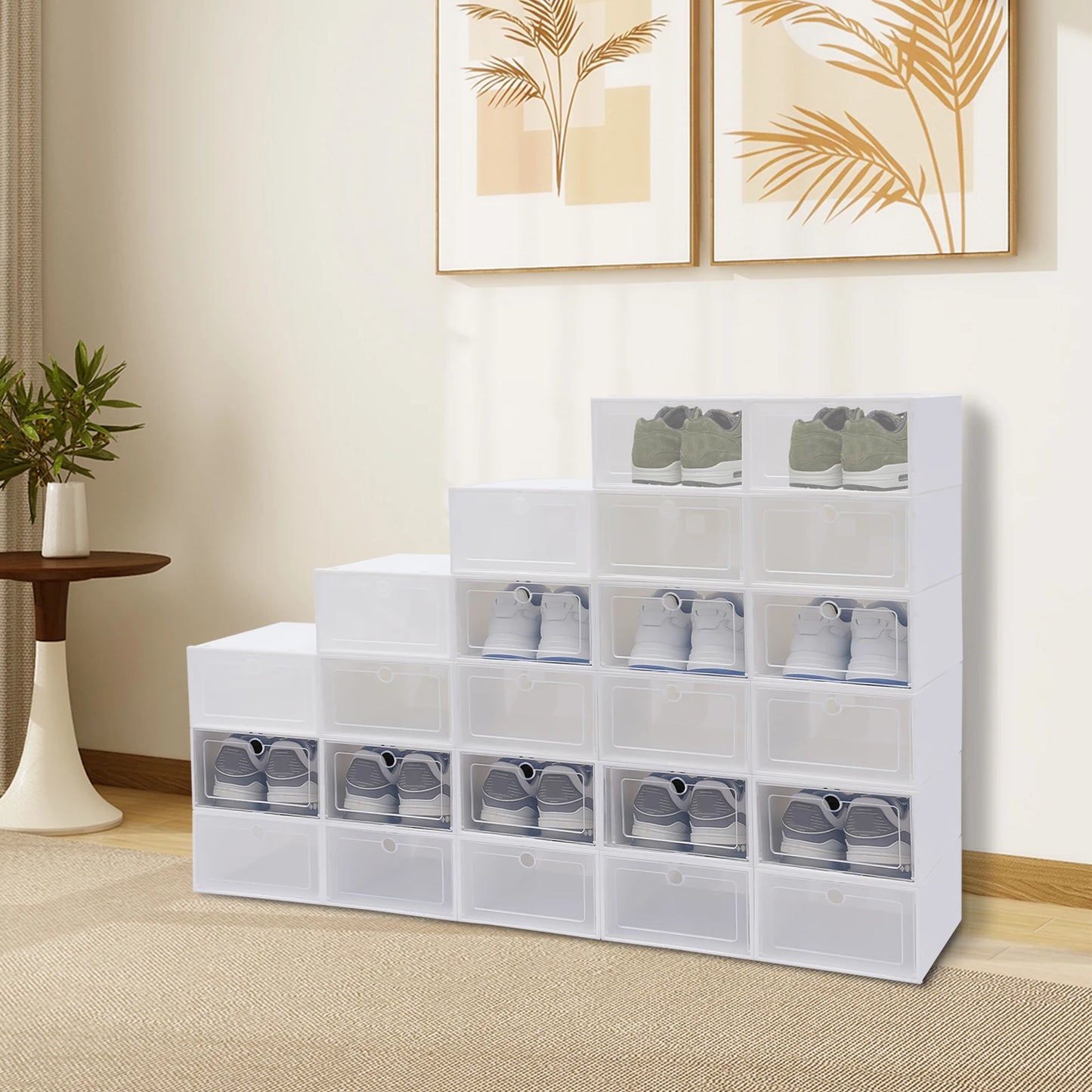 20/24 PCS Shoe Boxes White Large (Round Hole/Love) Thick Version,Transparent Shoes Organizers,Stackable Combined Shoe Cabinet
