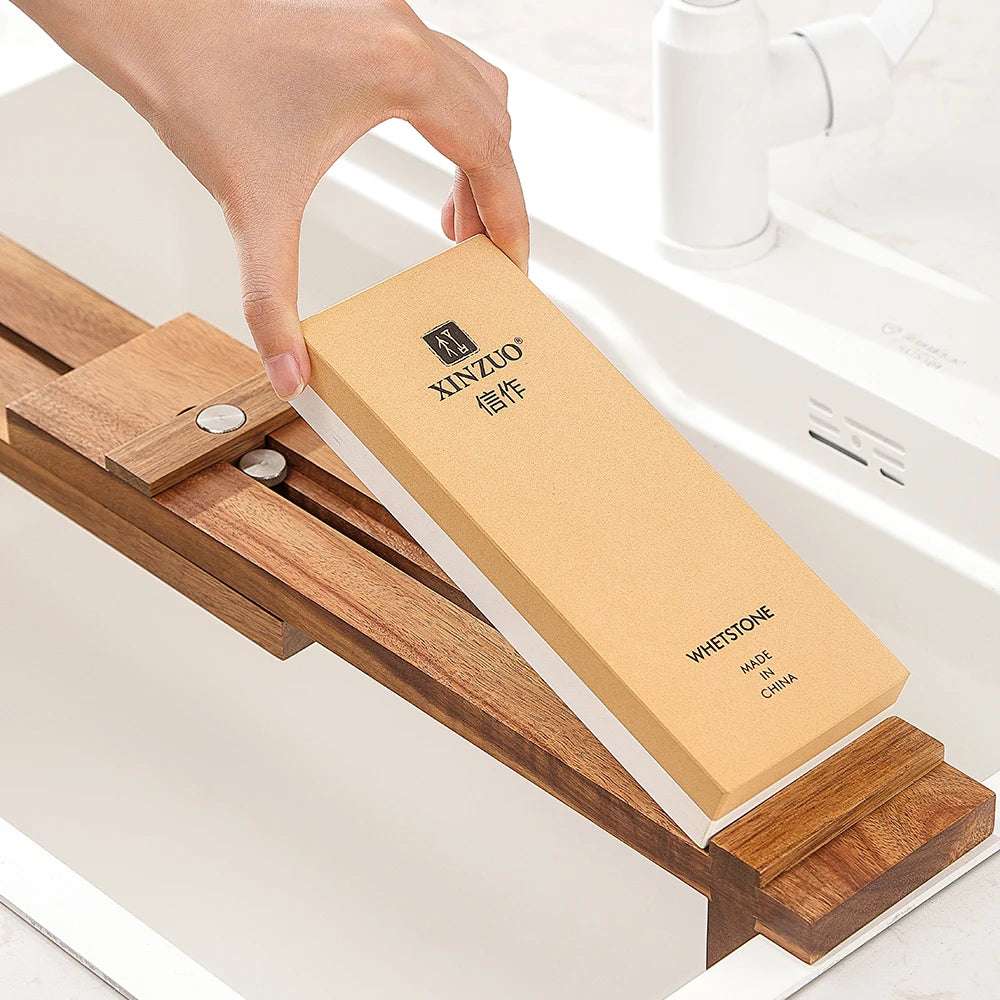 XINZUO Acacia Wood Whetstone Base Holder Adjustable Telescopic Solid Knife Sharpening Block for Kitchen Knives