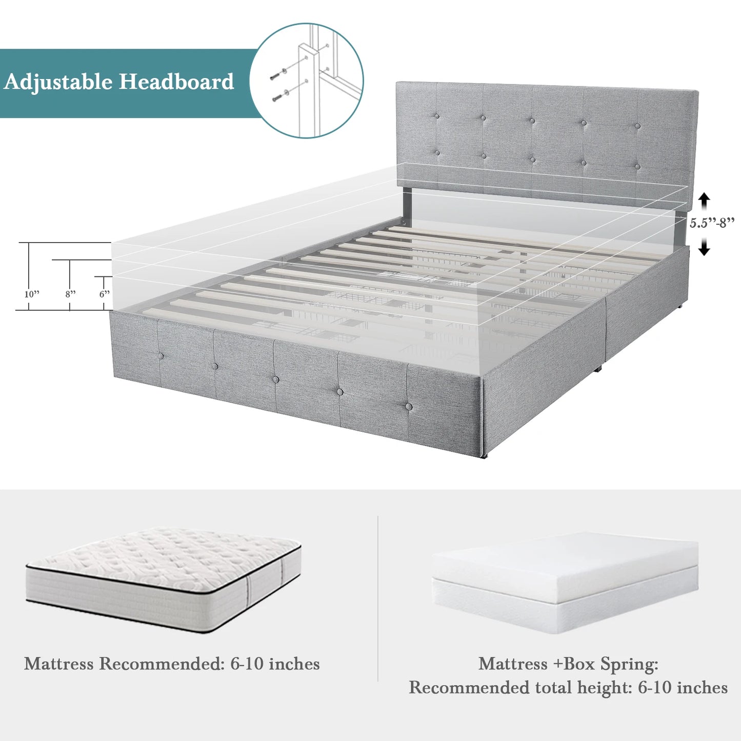 HOOMICH Platform Storage Bed Frame 4 Drawers Adjustable Headboard